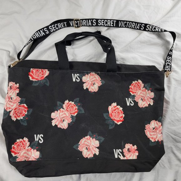 Victoria Secret Black Pink Floral Messenger Bag Duffel Travel Casual Storage - Picture 1 of 4